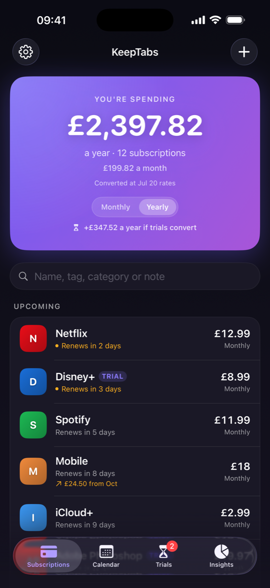 KeepTabs home screen showing yearly spending total
