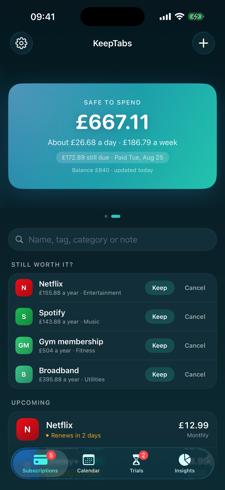 Safe to spend screen