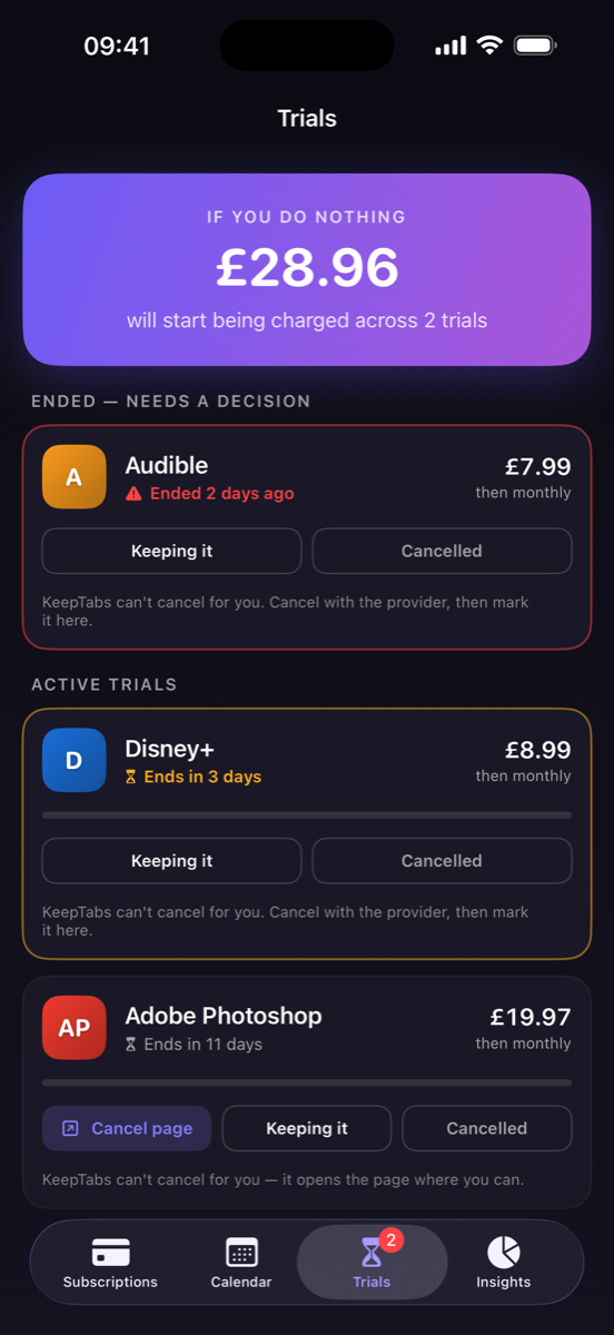 Trials screen
