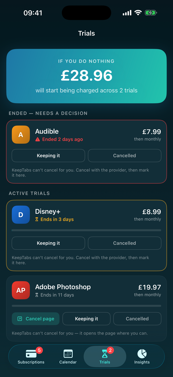 Trials screen